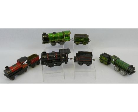 '0' gauge, four tin-plate clockwork 0-4-0 locomotives and tenders by Brimtoy etc (8)