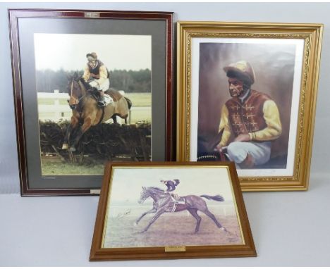 Horse Racing - Lester Piggott, colour print jumping a fence at Market Rasen 1983, signed Arthur Hughes 1983, 49.5cm x 39cm, m