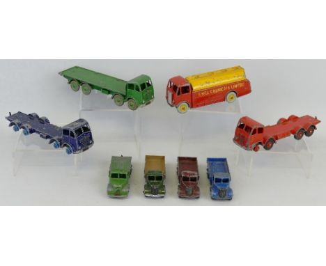 Dinky, AEC Monarch Thompson Shell Chemicals Tanker, Foden flat-bed lorry, three Austin open wagons, Fordson flat-bed lorry an