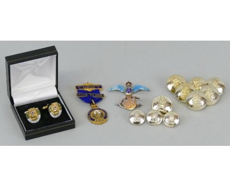 York and Lancaster Regiment silver sweetheart brooch, boxed cufflinks and four buttons, an RAF silver and enamel sweetheart b