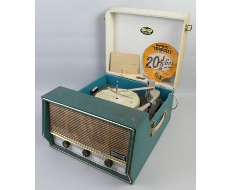 Dansette Conquest Auto record player, with turquoise and light grey case and original paperwork, 41cm wide