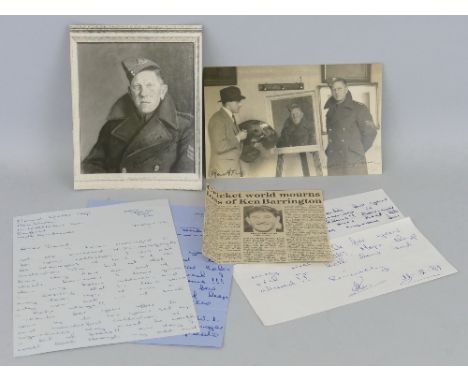 Cricket, two signed pictures of Maurice Leyland in uniform, one with artist Kenneth Elwell beside his painting of Leyland, th