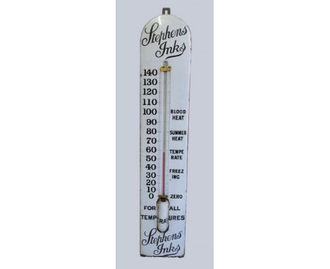 An enamel wall sign promoting Stephenson's Inks, in the form of a functional arched top thermometer with black letters and nu