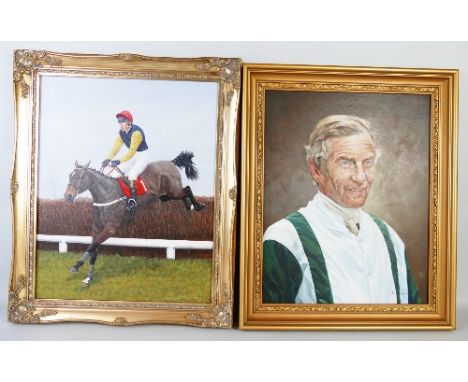 Horse Racing - A. Turner (20th century), half length portrait of Lester Piggott in jockey silks, signed oil painting, 48cm x 