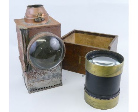 A railway oil lamp, the steel square section case with oil reservoir and ceramic burner, copper smoke hole, brass plaque insc