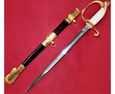 1988 Western Australian Police Bi-Centenary miniature sword. Gilt plated metal fittings, wire bound faux ray skin grip, 19.5c