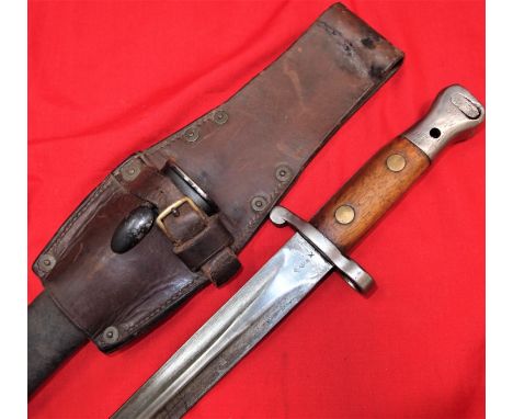 Boer War era 1888 Pattern Lee Metford bayonet, scabbard &amp; frog - Queensland marked. Polished metal pommel, spine stamped 