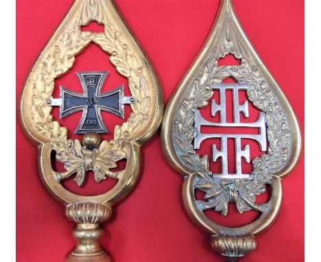 WW1/WW2 German flag pole top standard (2). Includes gilt finished brass veterans organisation, with central iron cross, measu