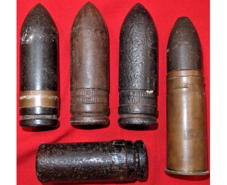 WW1 era artillery ammunition &amp; shells (5). Includes projectiles, dug type and one in brass shell dated 1918