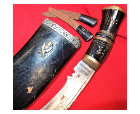 Bone handled grip, brass lion face pommel, with 30cm, curved blade with engravings to edge, sharp blade edge, showing light r