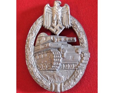 WW2 German Army/SS Panzer Assault badge in silver by Hermann Aurich of Dresden. Bright silver finish &amp; sharp details to f