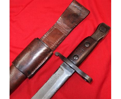 WW1 Canadian Model 1905/1910 Mark 2 Ross Rifle Bayonet, scabbard &amp; frog. Metal pommel, date stamped January 1917 (1/17) &