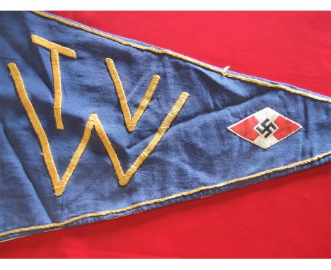 WW2 German Hitler Youth/Jungvolk flag pennant. Two sided triangular pennant, face of light blue cotton base, with yellow embr