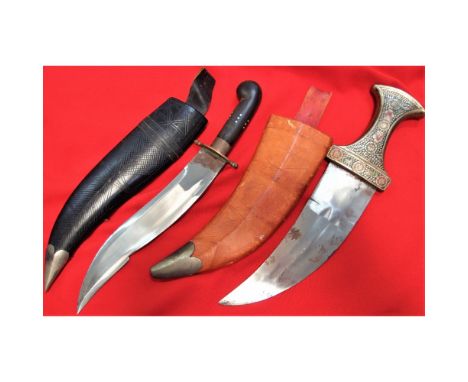 Shaped wooden handled bowie type, with brass guard &amp; 23cm long slightly curved, sharpened blade, in nickel &amp; leather 