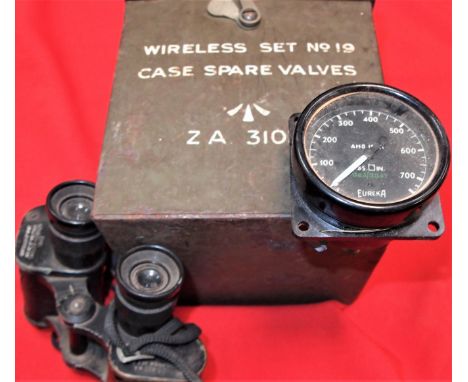 WW2 era Wireless set of globes, binoculars &amp; Eureka aeroplane gauge. Wireless set of globes in metal container, 1943 date