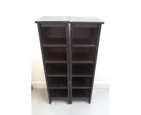 PAIR OF STAINED WOOD COMPACT DISC STANDS
each with a moulded top above slatted sides and open fronts, each with five shelves,