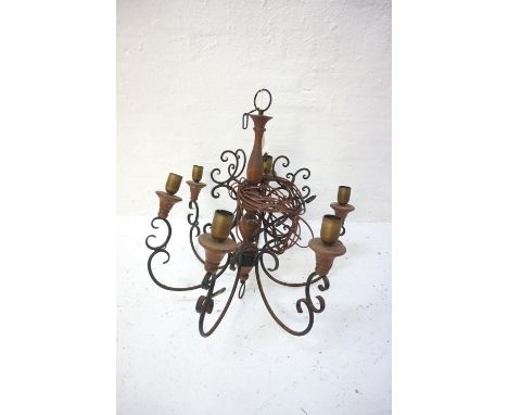 SIX BRANCH CEILING LIGHT
with a suspension hook and turned wood column with six scroll arms, 65cm high 