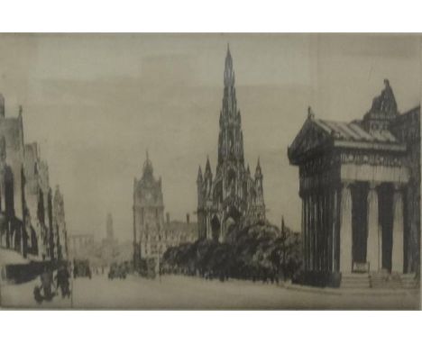 CHARLES H CLARK (British, b.1890)
Princes Street, Edinburgh, looking towards the east end, etching, signed, 17cm x 24cm 