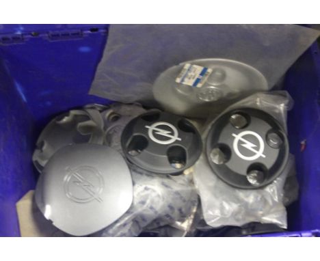 A BOX OF VARIOUS CAR WHEEL DISKS MAINLY VAUXHALL AND OPAL