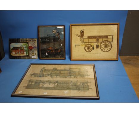 FOUR VINTAGE ADVERTISING PICTURES TO INCLUDE A MIRROR TYPE FOR THE WOOD BREWERY LTD