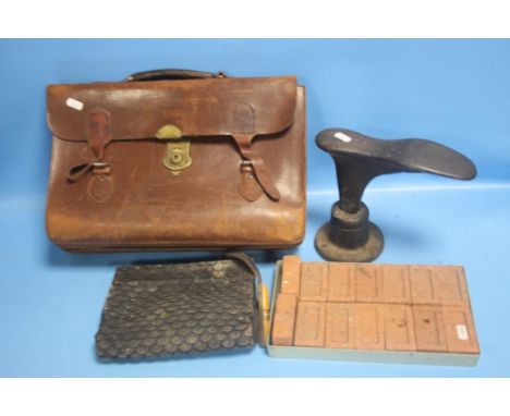 A SHOE LAST A VINTAGE LEATHER BAG, MINIATURE HOUSE BRICKS ETC