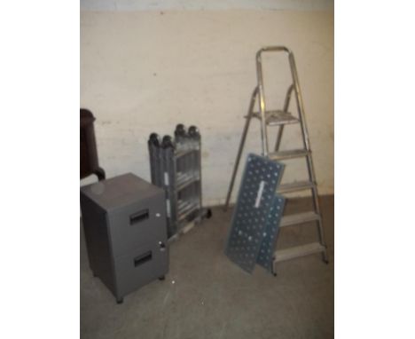 THREE ITEMS TO INCLUDE A PLATFORM LADDER, A STEP LADDER AND A 2 DRAW FILING CABINET