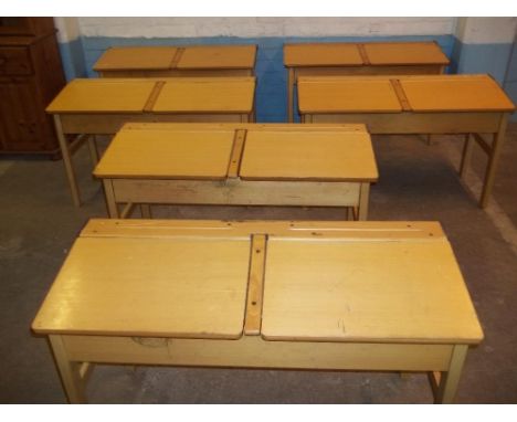 SIX BEECH VINTAGE DOUBLE SCHOOL DESKS
