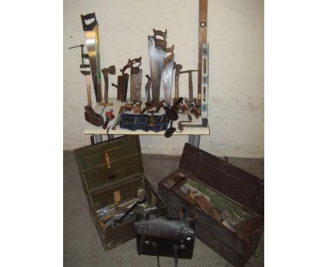 A LARGE SELECTION OF CARPENTERS TOOLS AND TWO CARPENTERS TOOL CHESTS
