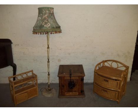 A WICKER 2 DRAWER CHEST, TOGETHER WITH A WICKER STORAGE STAND, ONYX LAMP AND A OAK CUPBOARD