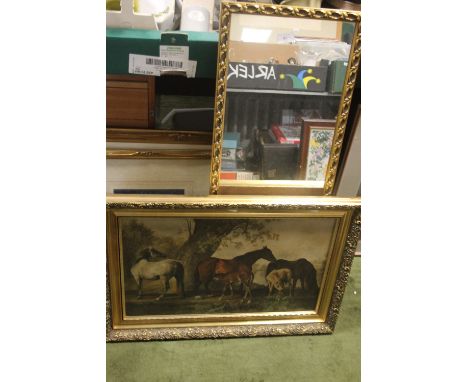 A FRAMED OIL ON CANVAS DEPICTING HORSES TOGETHER WITH A GILT MIRROR