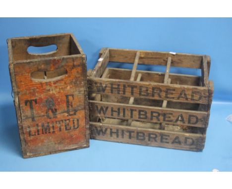 TWO VINTAGE WOODEN BOTTLE CRATES FOR WHITBREAD AND CORONA (2)