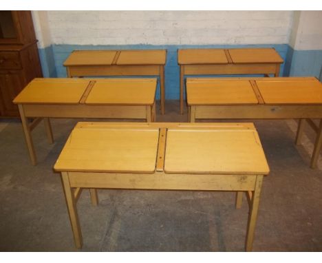 FIVE BEECH WOODEN VINTAGE DOUBLE SCHOOL DESKS