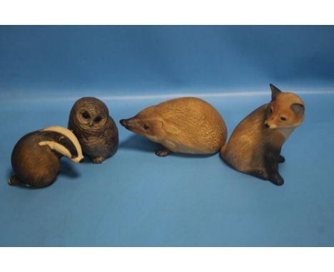 THREE PURBECK WILDLIFE FIGURES TOGETHER WITH A POOLE OWL