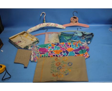 A JANE SHILTON SILK HEADSCARF TOGETHER WITH VINTAGE SCARVES, GLOVES, AND COAT HANGERS