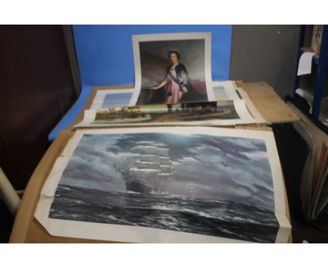 A VERY LARGE FOLIO TO INCLUDE LARGE MODERN COLOURED PRINTS BY DAVID SHEPHERD, W. MCGREGOR ETC AND A PORTRAIT AFTER THOMAS GAI