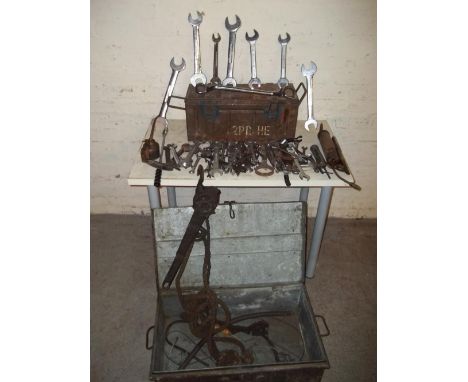 A SELECTION OF MECHANIC'S TOOLS AND 2 METAL TOOL BOXES