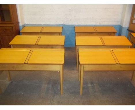 SIX BEECH WOOD VINTAGE DOUBLE SCHOOL DESKS