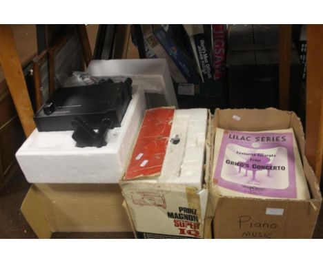A SLIDE PROJECTOR, A COLLECTION OF SHEET MUSIC ETC