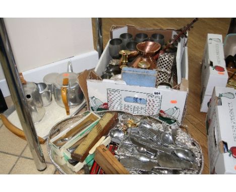 VARIOUS METALWARES, FLATWARE, etc, to include a large galleried edge tray, copper jug, Picquot Ware tea service etc