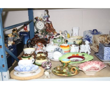 VARIOUS CERAMICS AND GLASS, to include Royal Doulton figure, Majolica chamber stick, 'Julianna' clock, Masons etc