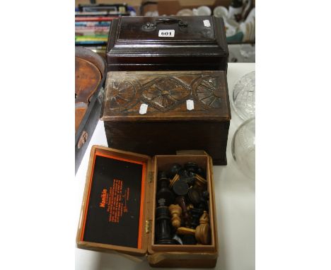 A TEA CADDY, carved box and chess pieces