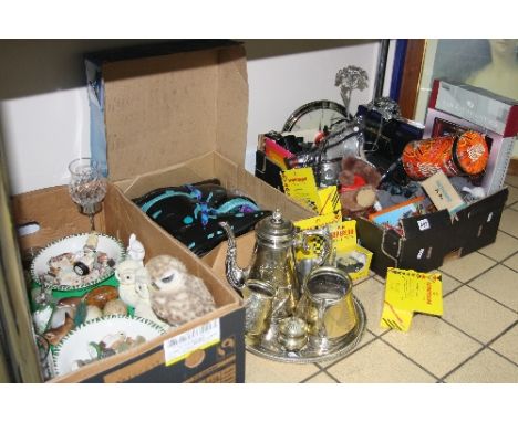 A QUANTITY OF SUNDRIES, boxed roller blades, boxed Diecast cars, plated three piece tea service etc 