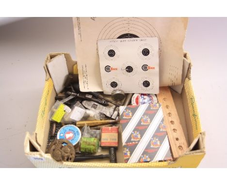 A BOX CONTAINING BULLET MOULD VARIOUS GUN REPAIR TOOLS, powder measures, various bullets, tin of percussion caps and tins of 