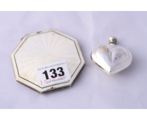 TWO ITEMS, to include a guilloche enamel compact mirror, together with a heart shaped scent bottle