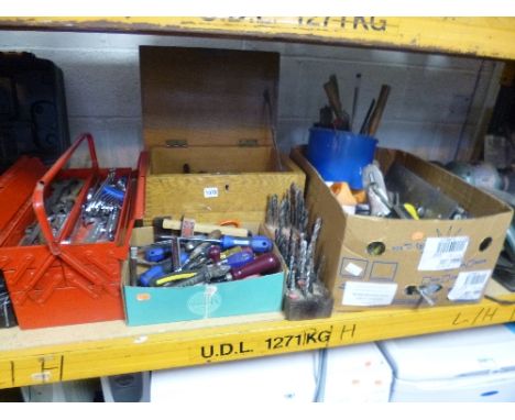 THREE BOXES AND A WOODEN CRATE, containing hand tools, clamps, planers, plumbing accessories, etc