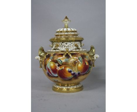 A ROYAL WORCESTER BOW VASE AND COVER, hand painted with apples, strawberries and grapes to mossy ground, signed K Mason, gilt