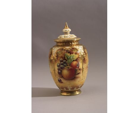 A ROYAL WORCESTER POT POURRI OVOID VASE AND COVER, hand painted with peaches, cherries, apples and grapes to mossy ground, si