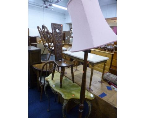 A CARVED OAK SPINNING CHAIR, and an oak standard lamp with shade (2)