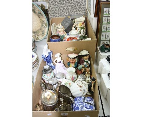 TWO BOXES OF CERAMICS, PLATED WARES, PICTURES, etc, to include Hummel, Derby 'Mikado' teawares, Coalport, Minton etc