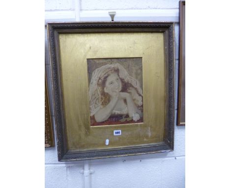 A GILT FRAMED MIXED MEDIA PORTRAIT STUDY, young pensive maiden, approximately 28cm x 23cm (tear to card)